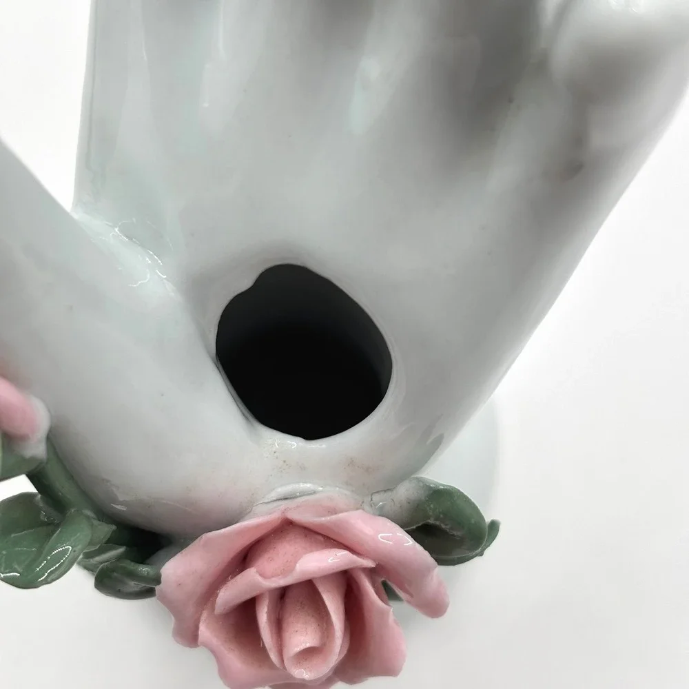 Vintage Porcelain Hand Bud Vase Ring Holder Pink Roses Hand Painted EUC